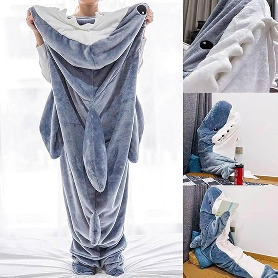 Shark Blanket Hoodie Onesie for Adult & Kid, Wearable Shark Sleeping Bag, Soft Cozy Onesie Costume