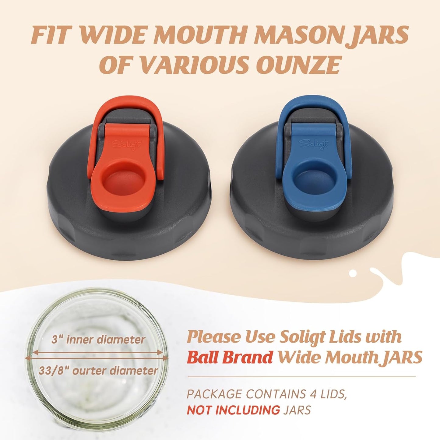 4 Pack Mason Jar Lids, Wide Mouth Pour Spout Flip Cap Lids for Ball Brand Mason Jars