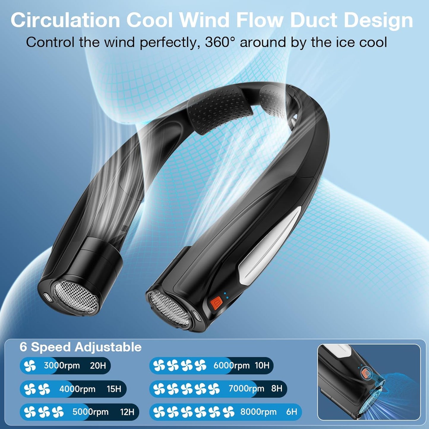 AI Neck Fan, 6 Speeds Adjustable Portable Personal Fan Rechargeable, 6000 mAh Battery Faster Cooling Wearable Fan, Ultra Quiet for Home, Office, Travel, Outdoor