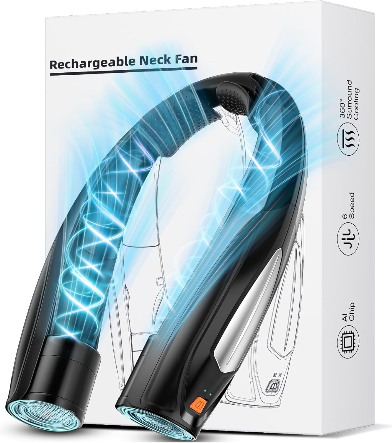 AI Neck Fan, 6 Speeds Adjustable Portable Personal Fan Rechargeable, 6000 mAh Battery Faster Cooling Wearable Fan, Ultra Quiet for Home, Office, Travel, Outdoor