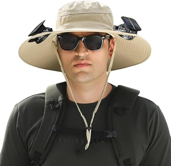 Solar Fan Hat, Wide Brim Solar Fan Outdoor Fishing Hat with 2 Fans Solar Power, Waterproof Outdoor Hiking Camping Fishing Hat Grey