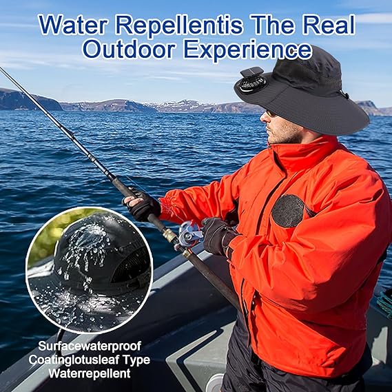Solar Fan Hat, Wide Brim Solar Fan Outdoor Fishing Hat with 2 Fans Solar Power, Waterproof Outdoor Hiking Camping Fishing Hat Grey