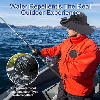 Solar Fan Hat, Wide Brim Solar Fan Outdoor Fishing Hat with 2 Fans Solar Power, Waterproof Outdoor Hiking Camping Fishing Hat Grey